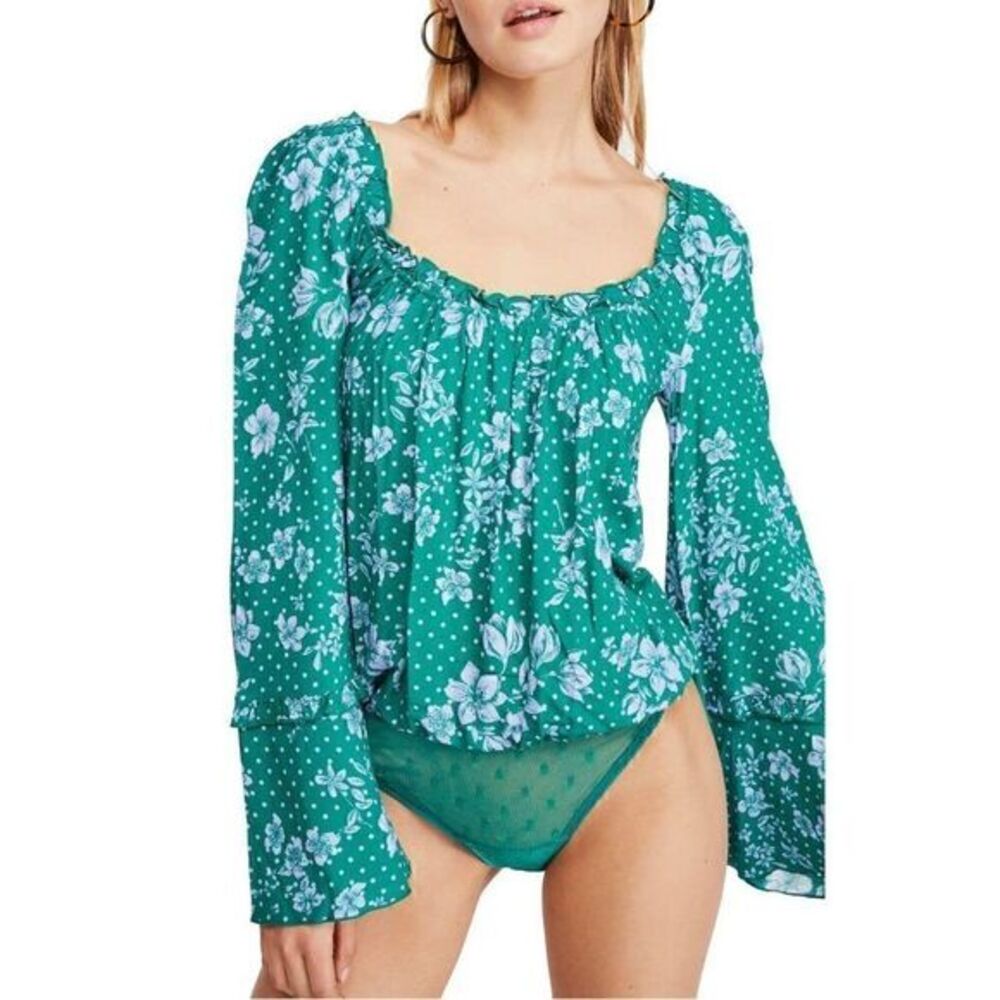 Free People NEW Green Floral Thong Bodysuit Top XS